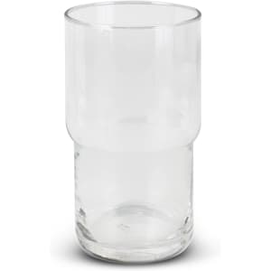 A clear glass tumbler with a stackable design, featuring a smooth finish and a branding logo.