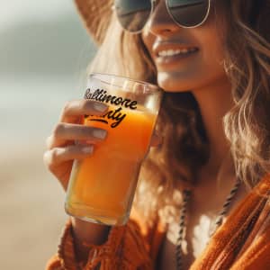 A stackable glass tumbler filled with orange juice, held by a woman wearing sunglasses and a sunhat.