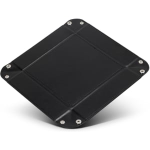 A black valet tray with a smooth surface and metal fasteners at the corners. Features a simple, elegant design.
