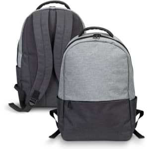 A grey and black backpack featuring a zippered closure and adjustable straps, with a logo on one side.