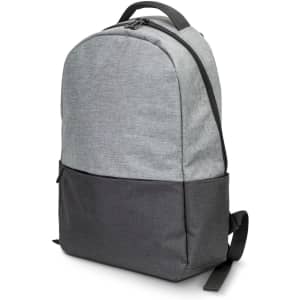 A grey backpack with a textured finish and a dark grey bottom section, featuring a sleek design and a logo.