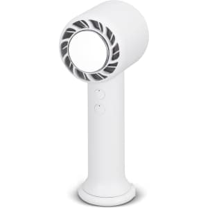 A white personal cooling fan with a sleek design and two buttons for operation. It features a circular airflow outlet.
