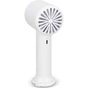 A white personal cooling fan with a circular design and vented front, featuring a logo on the side.