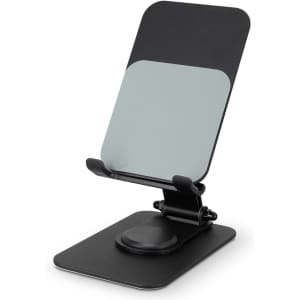 A black and grey metal phone and tablet stand with an adjustable back and rounded base.