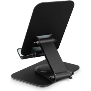 A black Ferris Metal Phone and Tablet Stand with an adjustable back and a sturdy base. Features a minimalistic design.