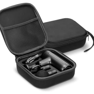 A black handheld massager and attachments stored in a black zippered case. The case features a mesh pocket.