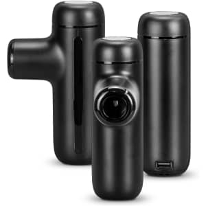 A Luxe Handheld Massager in black with various angles displayed. Features a sleek design and a USB port.