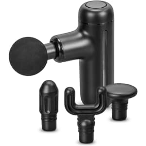 A black handheld massager with interchangeable attachments, including a round, pointed, and flat one. It features a button on top.