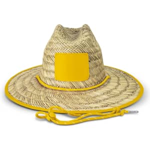 A straw hat with a wide brim, featuring a yellow band and chin strap, displayed on a white background.