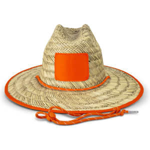 A straw hat with a wide brim, featuring orange trimming and a matching drawstring. It has a square area for branding.