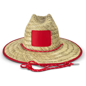 A straw Tiki hat with a wide brim, featuring a red band and adjustable chin strap. It has a blank patch area.