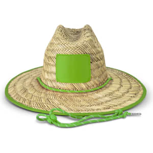 A Tiki straw hat with a wide brim, made from natural straw and featuring a bright green trim.