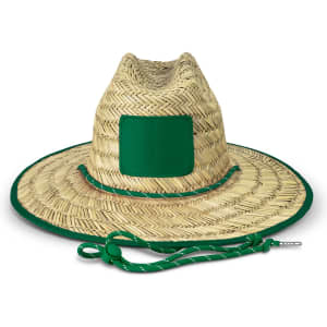 A straw hat with a wide brim, featuring a green band and an adjustable chin strap. It has a blank logo area.