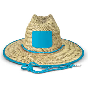 A straw Tiki hat with a wide brim and a turquoise band, featuring a plain patch on the front.
