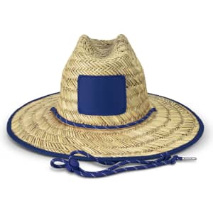 A Tiki straw hat with a wide brim, featuring a blue accent and an adjustable chin strap.