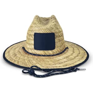 A straw hat in a natural beige colour with a navy blue band and adjustable chin strap. It features a branding patch.