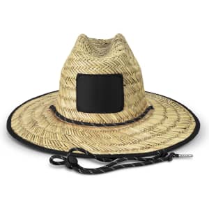 A straw Tiki hat in natural tones with a black band and adjustable chin strap. It features a branding area.