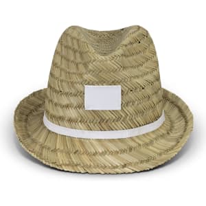 A straw fedora hat with a wide brim and a white band around the crown. It features a plain branding area.