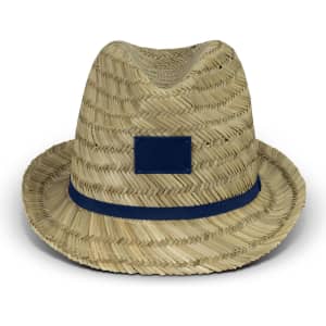 A straw fedora hat features a wide brim and a navy band, with a blank area for branding.