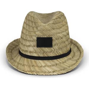A straw fedora hat in natural tones with a black band and an empty label patch.