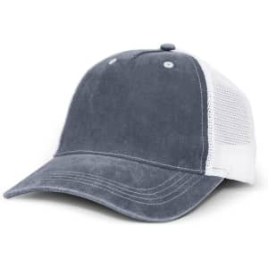 A faded blue trucker cap with a white mesh back and a curved brim. It features a logo on the front.