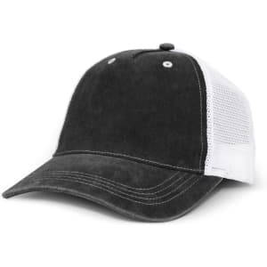 A black faded trucker cap with a white mesh back and contrasting stitching, featuring a logo on the front.