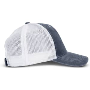 A faded grey trucker cap featuring a white mesh back and a curved brim, with an adjustable strap at the back.