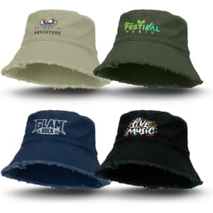 A collection of four raw edge bucket hats in khaki, dark green, navy, and black featuring various logos.