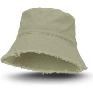 A raw edge bucket hat in a soft green colour, featuring a frayed brim and a simple design.
