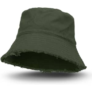 A green Raw Edge Bucket Hat with a frayed brim and a logo on the side.