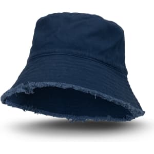 A navy blue raw edge bucket hat featuring a frayed brim and a simple logo.