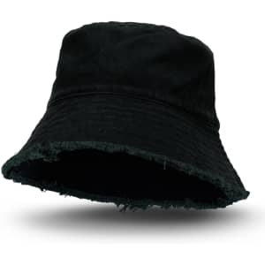 A black Raw Edge Bucket Hat with a frayed brim and an inner fabric lining. It features a branding logo.