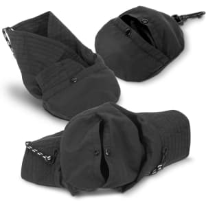 A packable black bucket hat with a quilted design, featuring a hooked clasp for easy storage.
