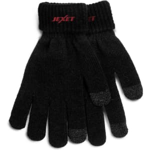 A pair of black gloves with a knitted cuff and touch-friendly tips, featuring a logo.
