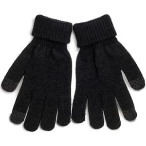 A pair of black knitted gloves with a ribbed cuff and touch-screen fingertips. Features a logo on the wrist.