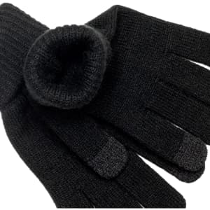 A pair of black gloves with a ribbed cuff, featuring textured tips on the fingers. The gloves have a logo.