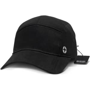 A black Swiss Peak 5 Panel Cap featuring a logo on the side and a curved brim.