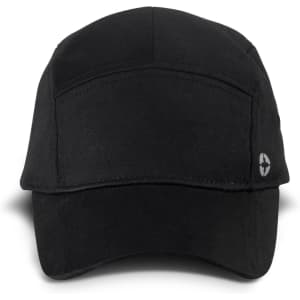 A black Swiss Peak 5 Panel Cap featuring a logo on the side, designed for headwear.