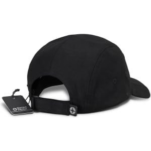 A black five-panel cap featuring an adjustable strap and a logo on the side.