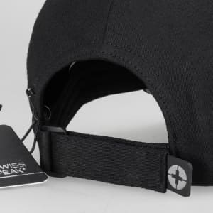 A black Swiss Peak 5 Panel Cap featuring a logo and an adjustable strap on the back.