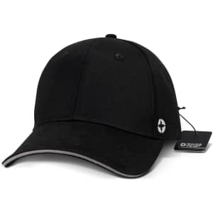A black six-panel cap featuring a curved peak and a logo, with grey detailing on the brim.