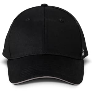 A black six-panel cap featuring a logo on the side. The cap has a curved brim and a classic design.
