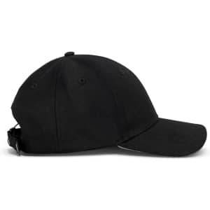 A black six-panel cap featuring a curved brim and an adjustable strap at the back. It has a simple logo.