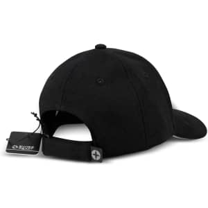 A black six-panel cap with an adjustable strap and logo detail at the back.