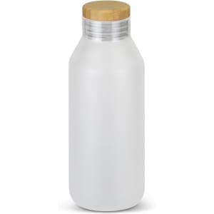 A drink bottle with a frosted white body and a wooden lid, featuring a sleek, modern design and a logo.