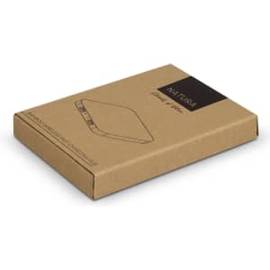 A bamboo wireless fast charging hub in a brown cardboard packaging, featuring a logo on the top.