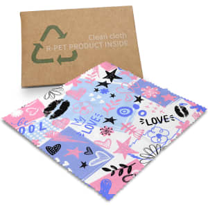 A patterned RPET microfibre cleaning cloth in pink, blue, and black colours, accompanied by a recyclable packaging.