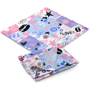 A RPET microfibre cleaning cloth in shades of pink, blue, and white with various decorative patterns and a logo.