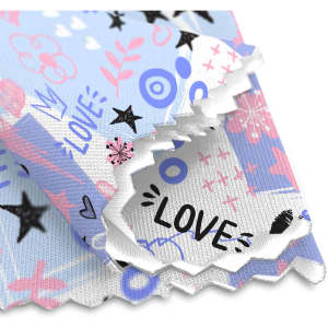 A microfibre cleaning cloth featuring a colourful pattern with pink, blue, and black designs, including hearts and stars.