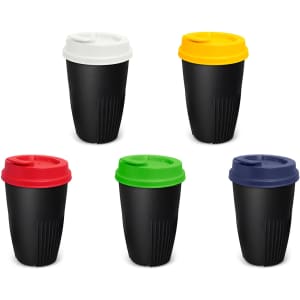 A drink bottle set featuring five 470ml cups in black with coloured lids: white, yellow, red, green, and navy.